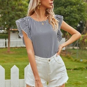Black and white Striped ruffle shoulder blouse